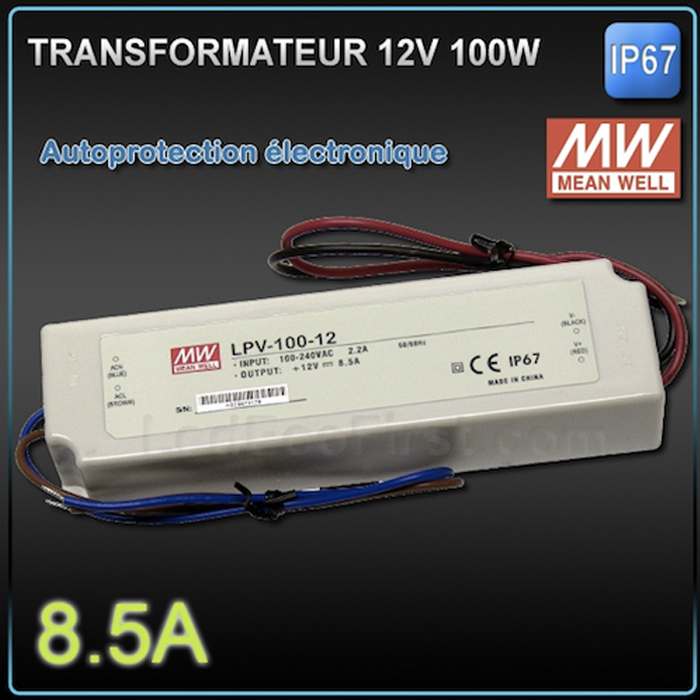 Transformateur d'alimentation d'énergie pour bandes LED - 12v - 100 watts  IP67 