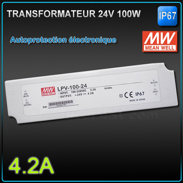 Transformateur Led 24V MEANWELL 100W IP67 - eclairage led