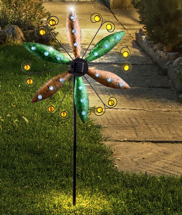 Fleur Solaire à Vent Métal sur Tige - Lampe solaire décoration