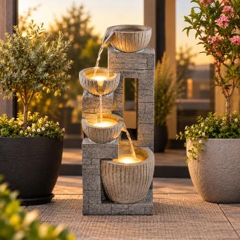 Fontaine Solaire Cascade Mur de Pierre Batterie et Led Hybride Usb