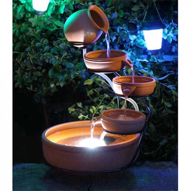 Fontaine Solaire Cascade Terre Cuite Nature Batterie et Led