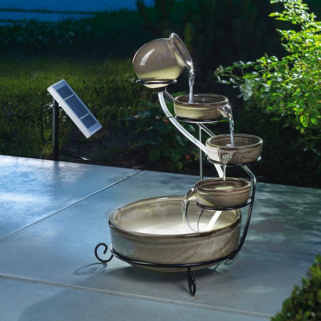Fontaine Solaire Cascade Céramique Grise Batterie et Led