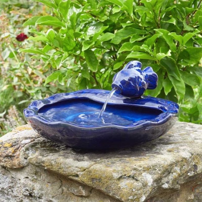 Fontaine Solaire Poisson C&eacute;ramique Bleue Verte