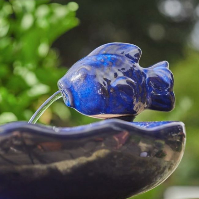 Fontaine Solaire Poisson C&eacute;ramique Bleue Verte