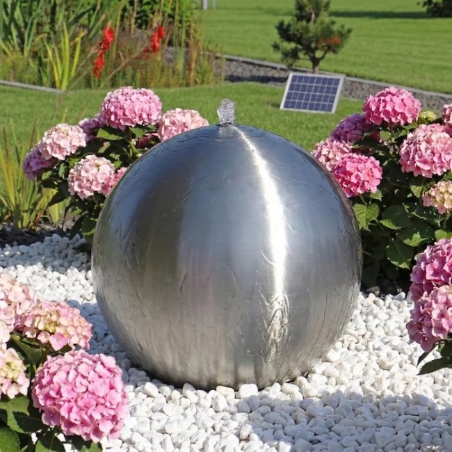 Fontaine Solaire Boule Acier Inox Batterie et Led 