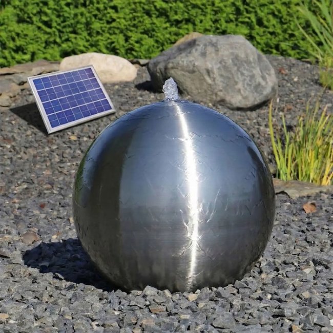 Fontaine Solaire Boule Acier Inox Batterie et Led 