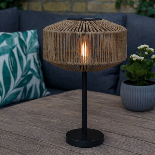 Lampe Solaire de Table Hybride Granada, m&eacute;tal et abat jour effet rotin, 150 Lumens 3000&deg;K