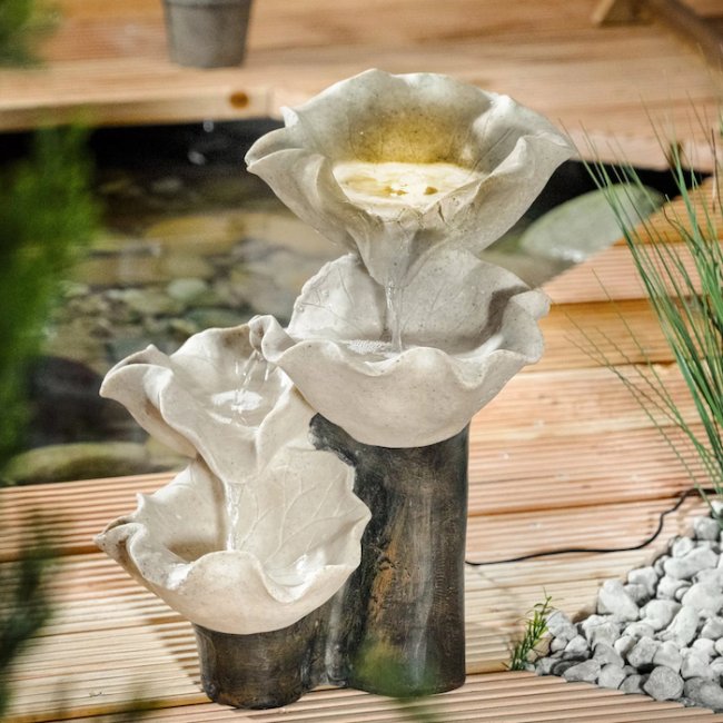 Fontaine Solaire Cascade Feuilles Batterie et Led 