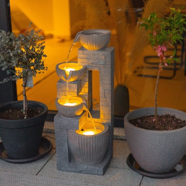 Fontaine Solaire Cascade Mur de Pierre Batterie et Led Hybride Usb