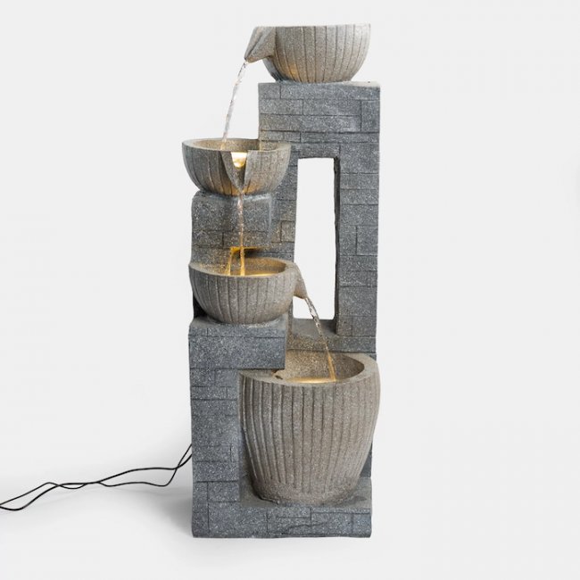 Fontaine Solaire Cascade Mur de Pierre Batterie et Led Hybride Usb