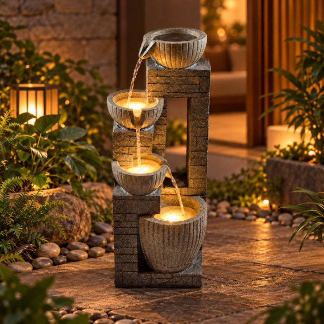 Fontaine Solaire Cascade Mur de Pierre Batterie et Led Hybride Usb