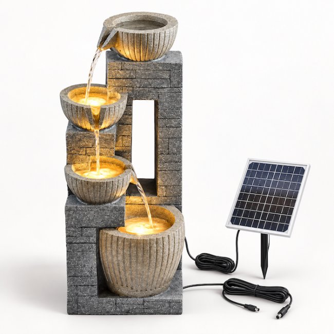 Fontaine Solaire Cascade Mur de Pierre Batterie et Led Hybride Usb