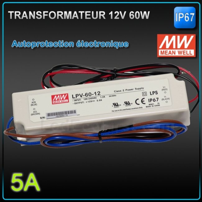 Transformateur Led 12V MEANWELL 60W IP 67