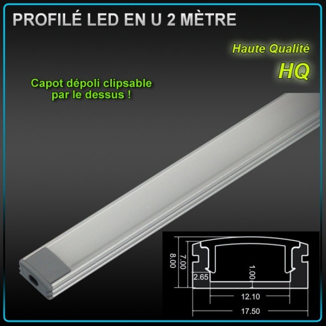 Profilé aluminium pour ruban LED "U" 2 mètres 
