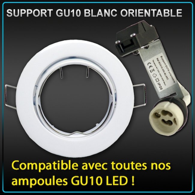 Support encastrable ronde orientable blanc pour ampoule GU10 Led ou halogène