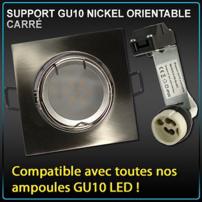 Support de Spot Carré Nickel Brossé GU10 LED avec Douille