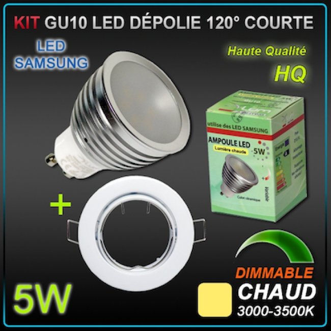 Kit Spot LED GU10 5W rond orientable blanc chaud Dimmable