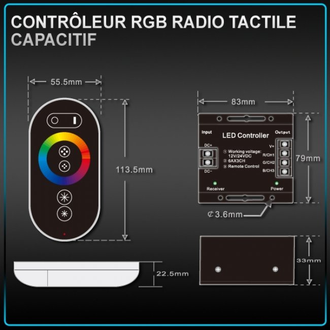 Contrôleur Led Tactile RGB 12-24V 18A Radio 433MHZ