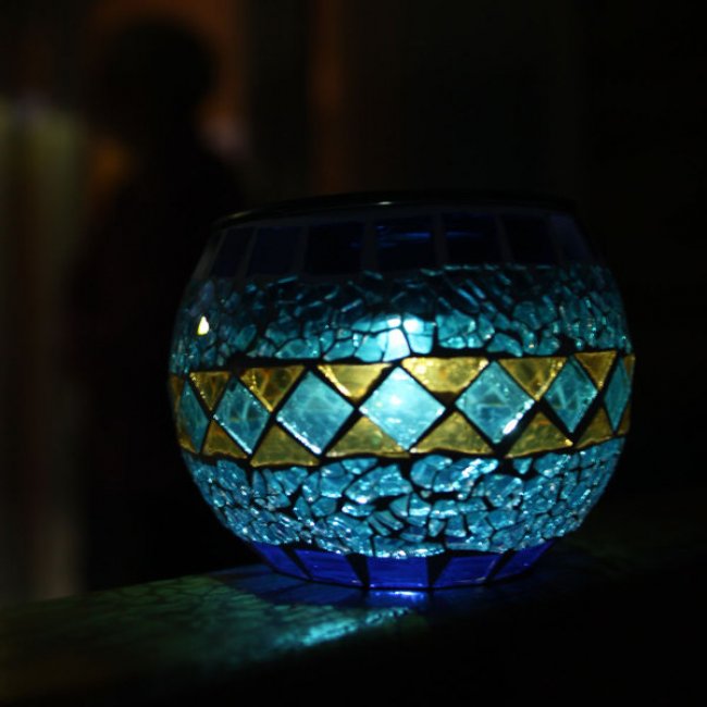 Lampe Solaire de Table Verre Mosaïque Bleue