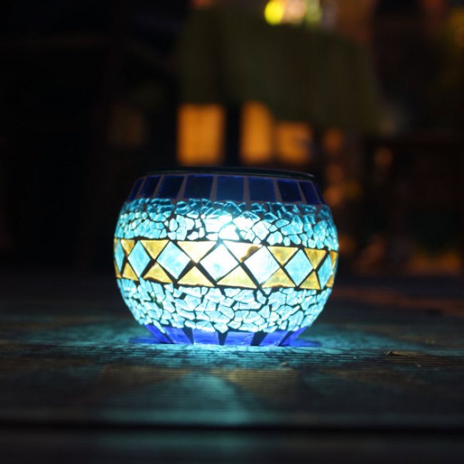 Lampe Solaire de Table Verre Mosaïque Bleue