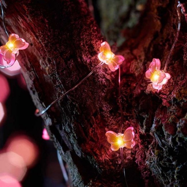 Guirlande Solaire Papillons Fée Colorée Rose 30 Led