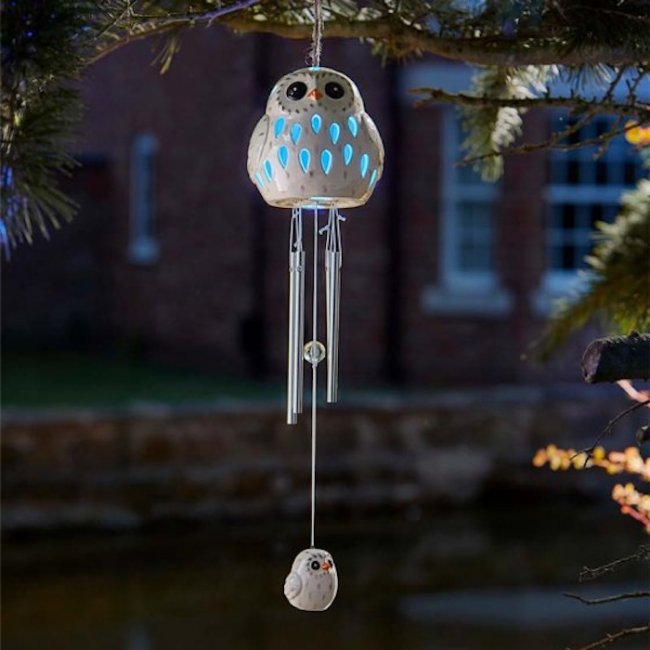 Carillon Solaire à Vent RGB Hiboux Céramique Neige