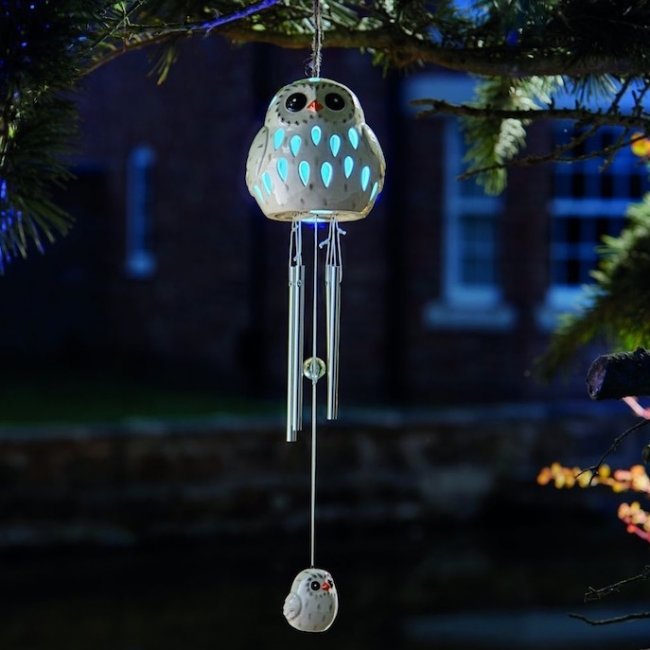 Carillon Solaire à Vent RGB Hiboux Céramique Neige